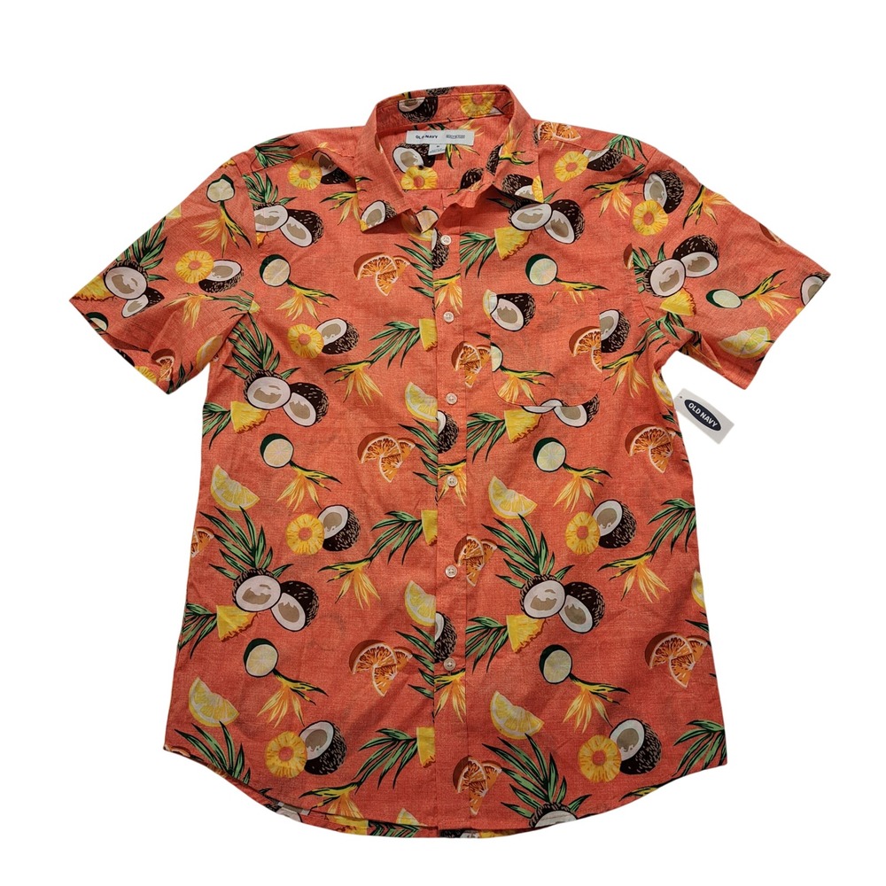 Old Navy Tropical Fruit Shirt Mens Medium Orange NWT Short Sleeve Built-In Flex